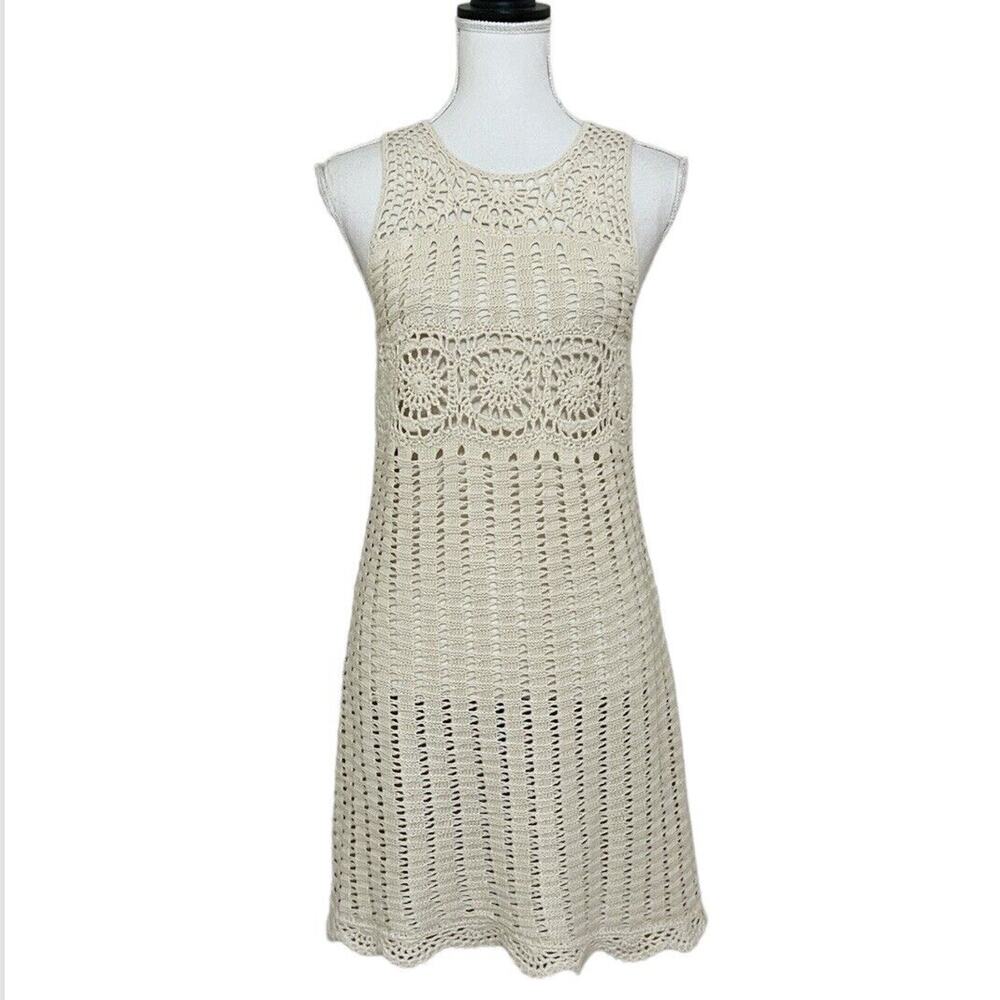 ASTR Maya Crochet Sleeveless A Line Dress Unlined Sz XS Sheer Cover Up Beige